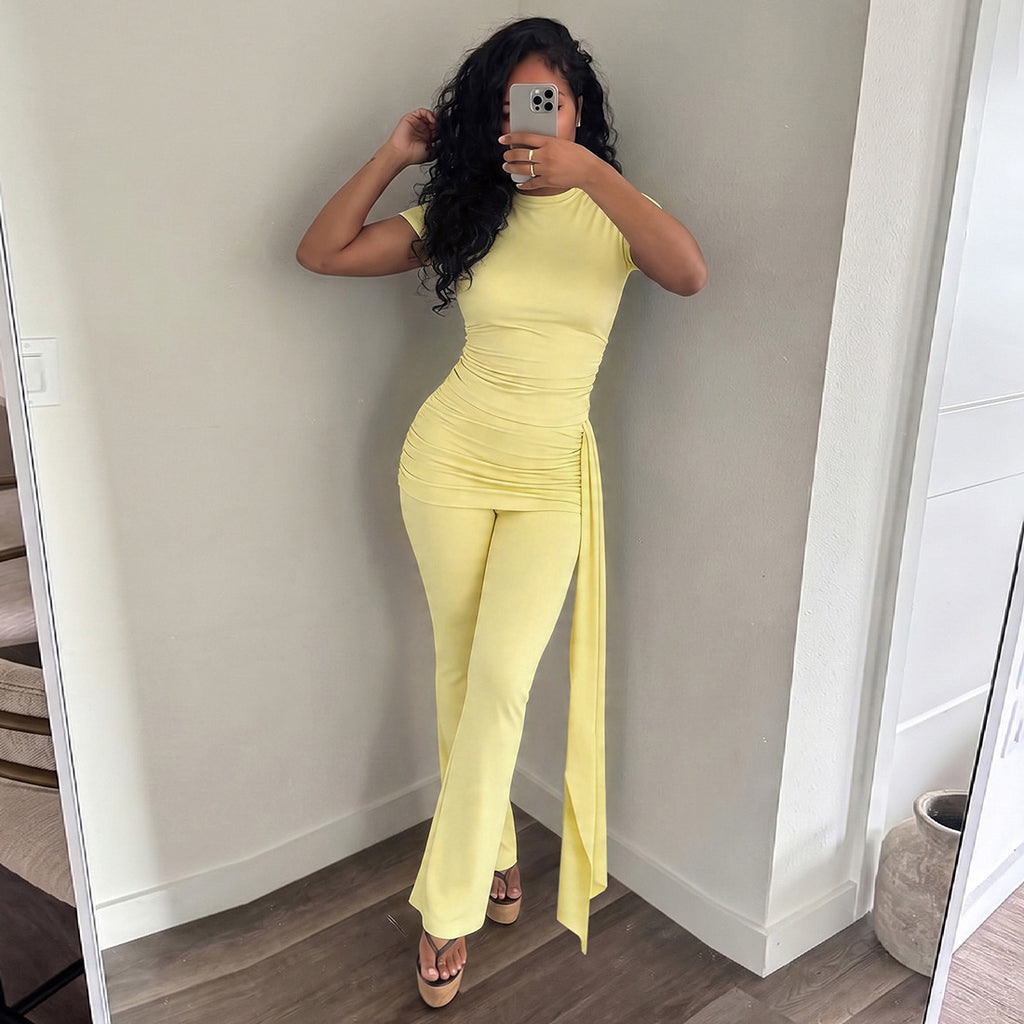 Womens Casual Crew-Neck Slim-Fit Top And Pants Set