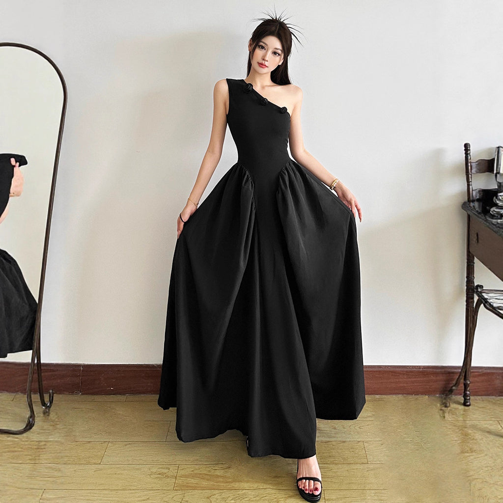 Best-selling Elegant Three-dimensional Floral-design Off-shoulder Pleated Dress
