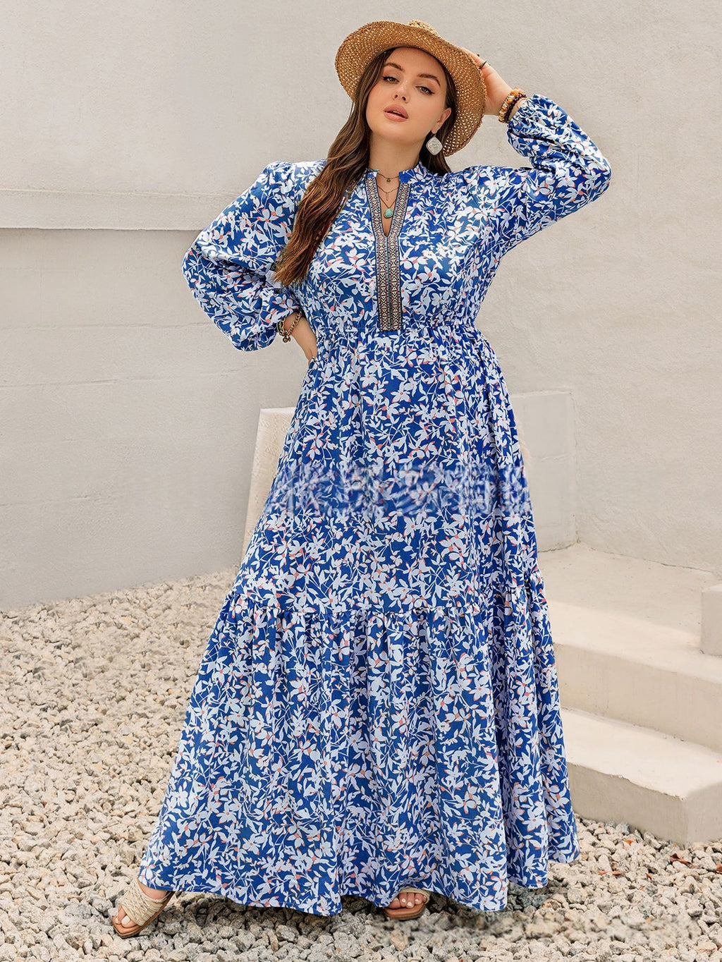 Women's Printed Embroidered Waistband V-neck Dress