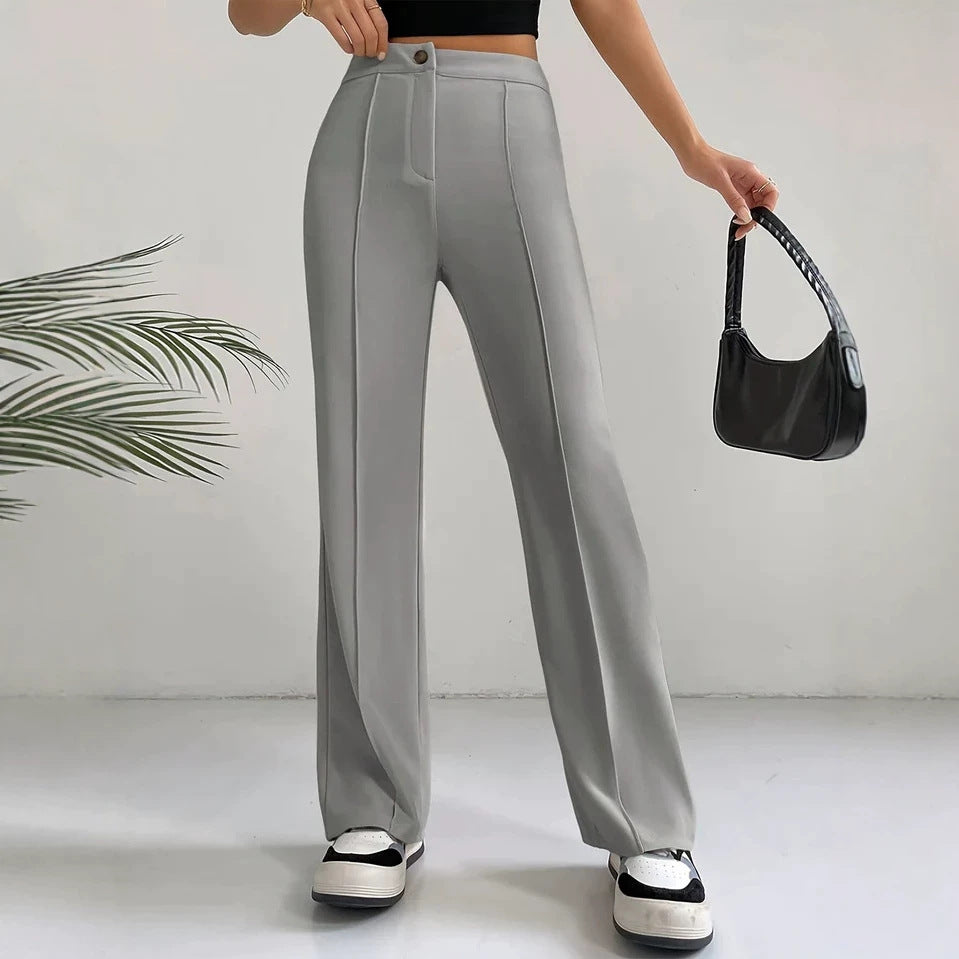 Womens Straight Flare Pants With High-Waisted Stitching Details