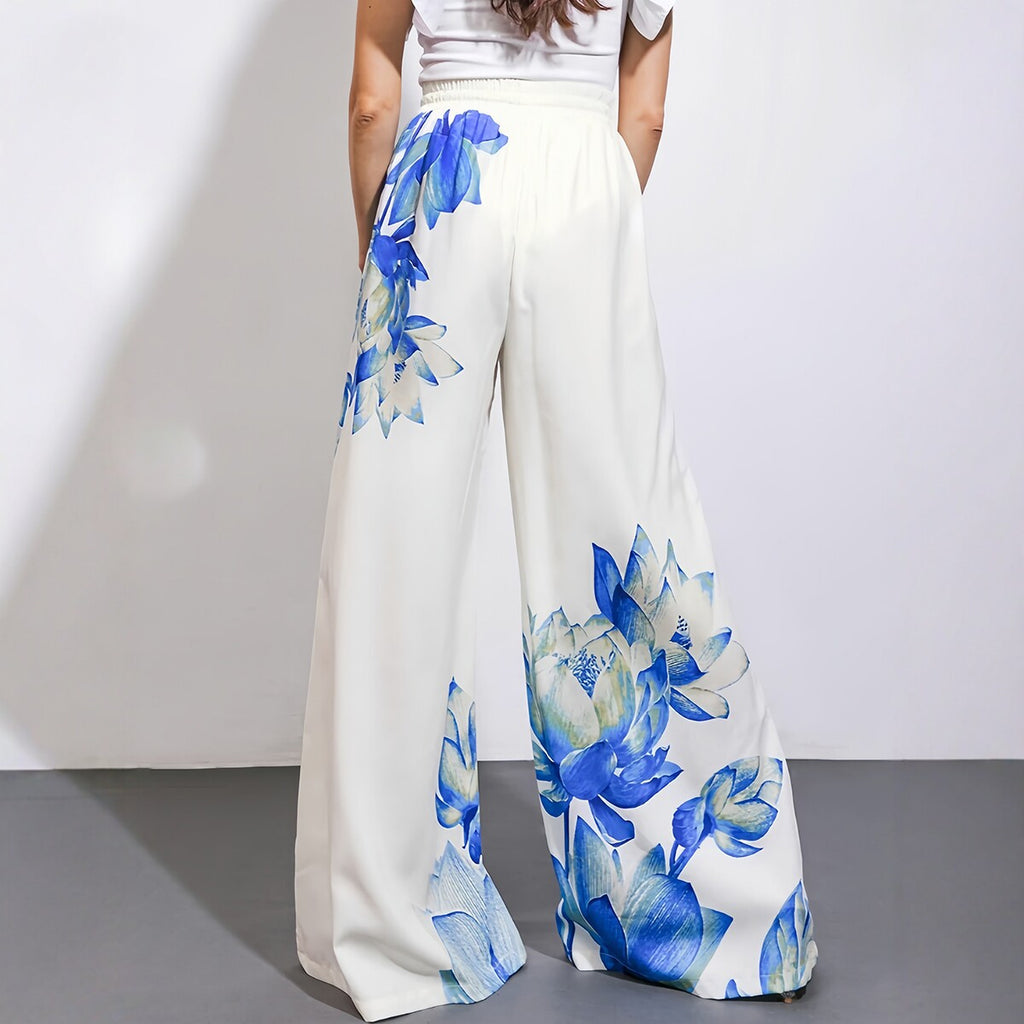 Summer European And American Style Floral Print Wide Leg Pants Set For Women