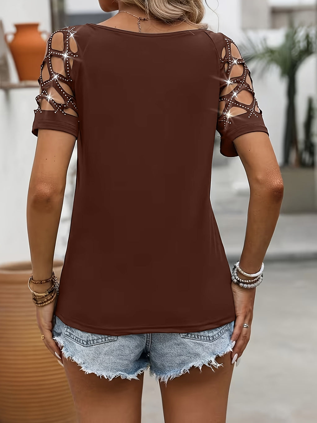 Womens Chain Hollow-out Hot-studded Short-sleeve Top