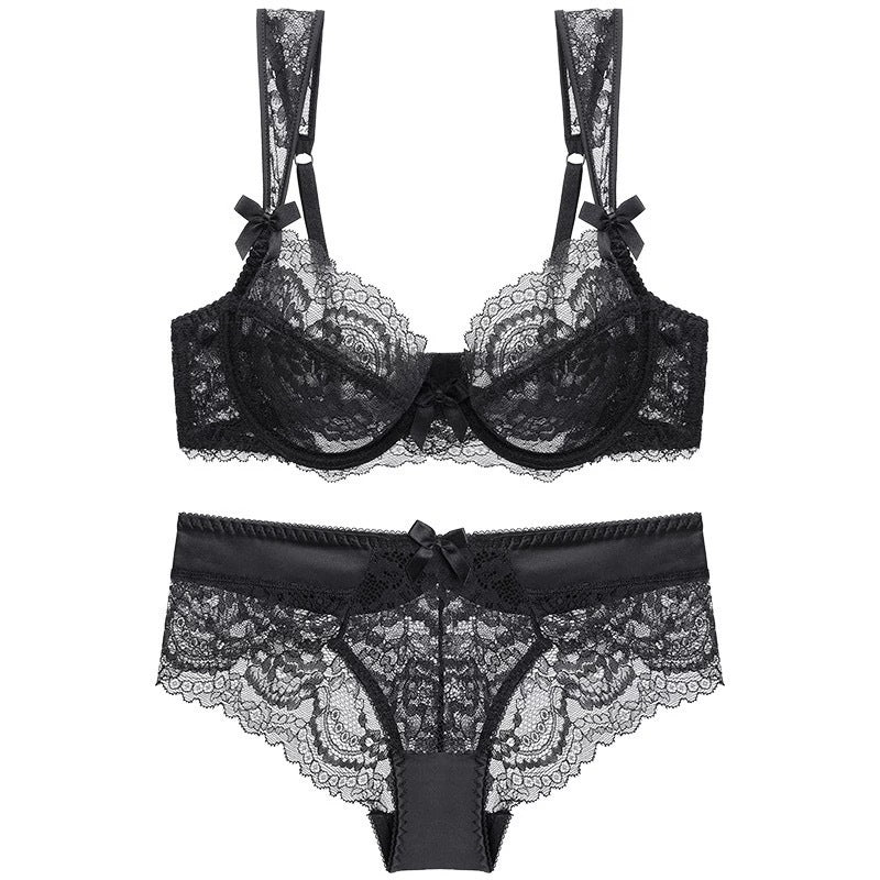 European And American Sexy Lace Underwear Ultra-thin Perspective Bow French Underwear Large Chest Small Anti-sagging Bra Suit