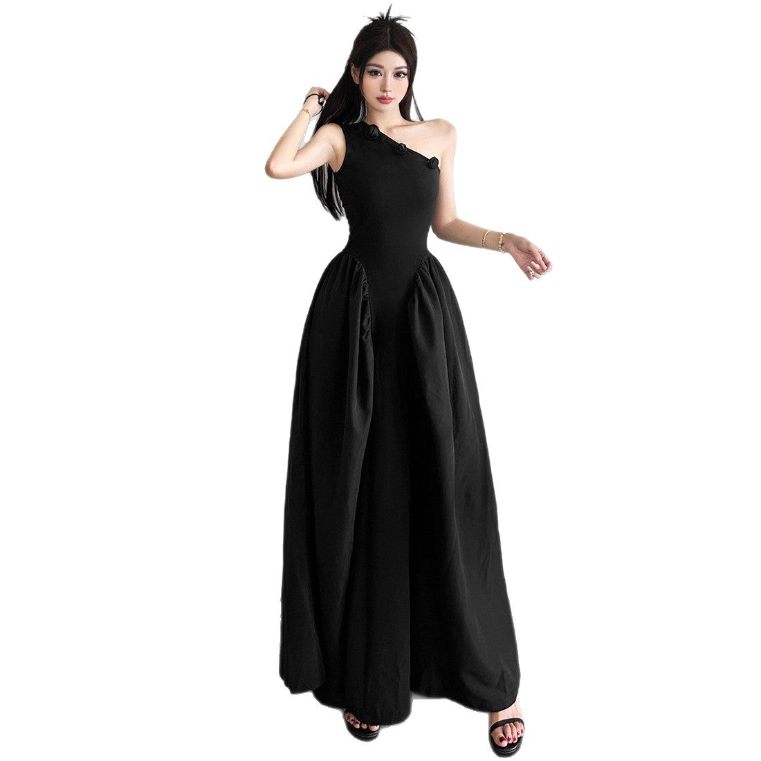 Best-selling Elegant Three-dimensional Floral-design Off-shoulder Pleated Dress