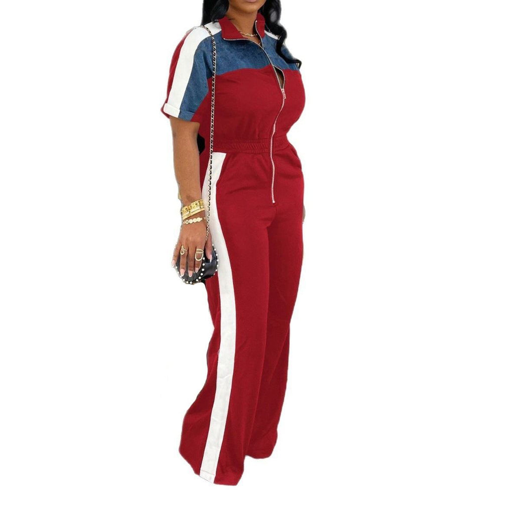 Short Sleeved Long Zipper Women's Jumpsuit