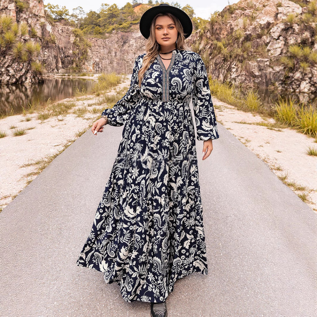 Women's Printed Embroidered Waistband V-neck Dress