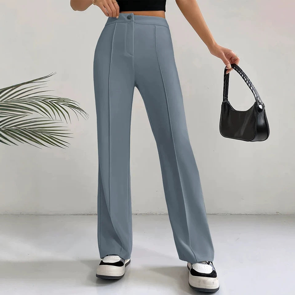 Womens Straight Flare Pants With High-Waisted Stitching Details