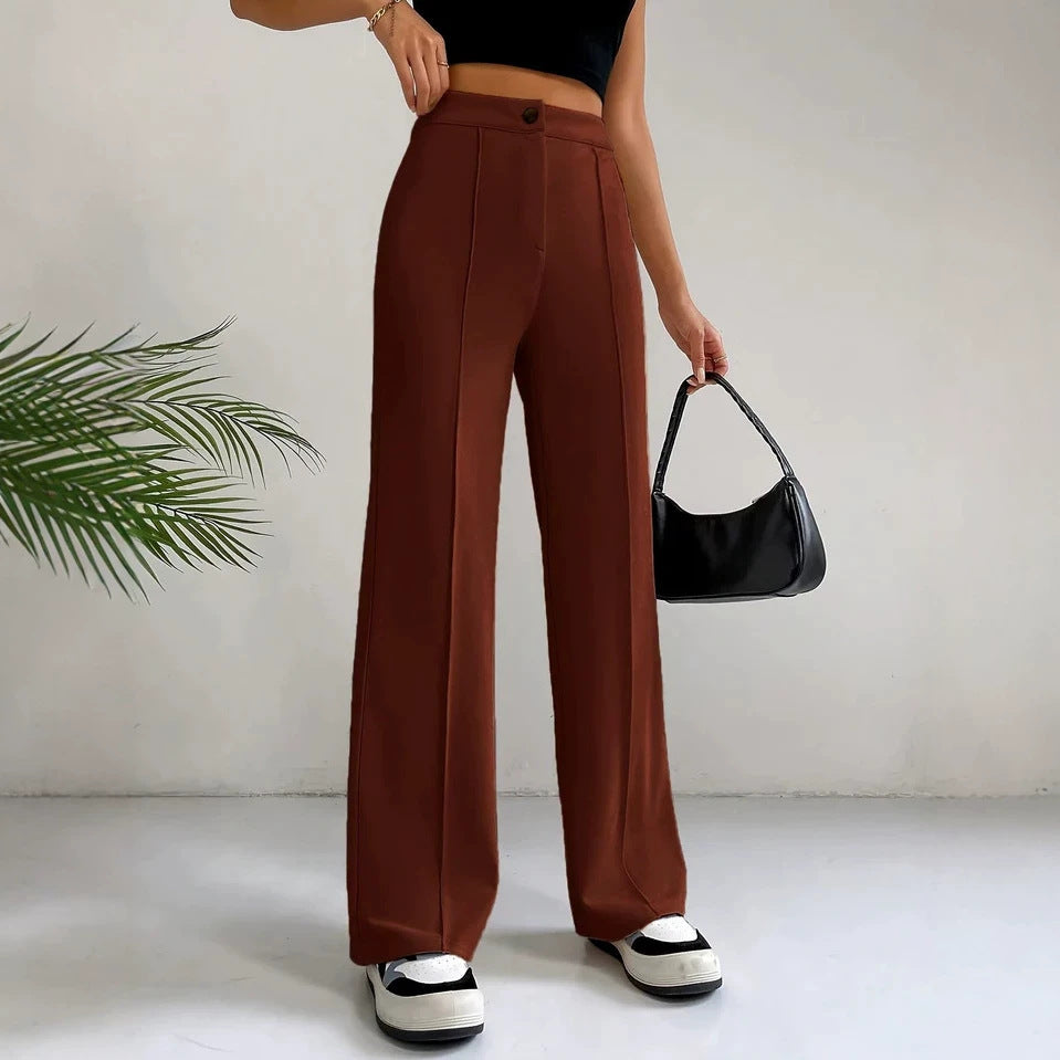 Womens Straight Flare Pants With High-Waisted Stitching Details